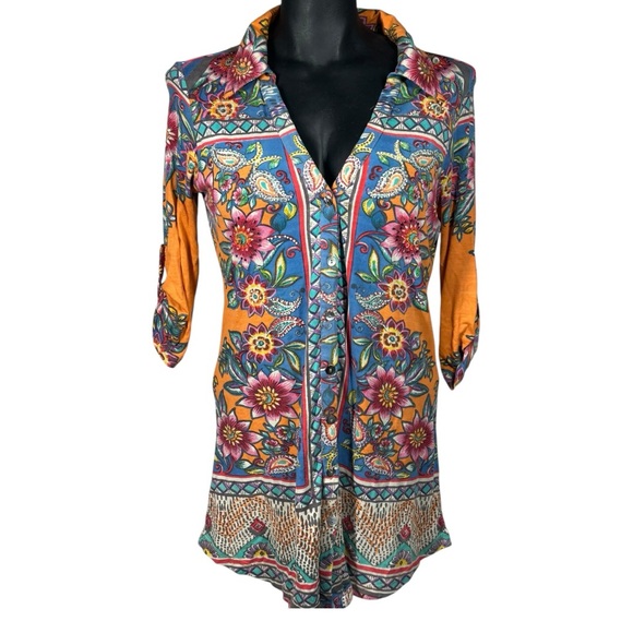 Rene Derhy Tops - Derhy Small Button Down Shirt Top 3/4 Roll Sleeves Embellished Vacation Colorful